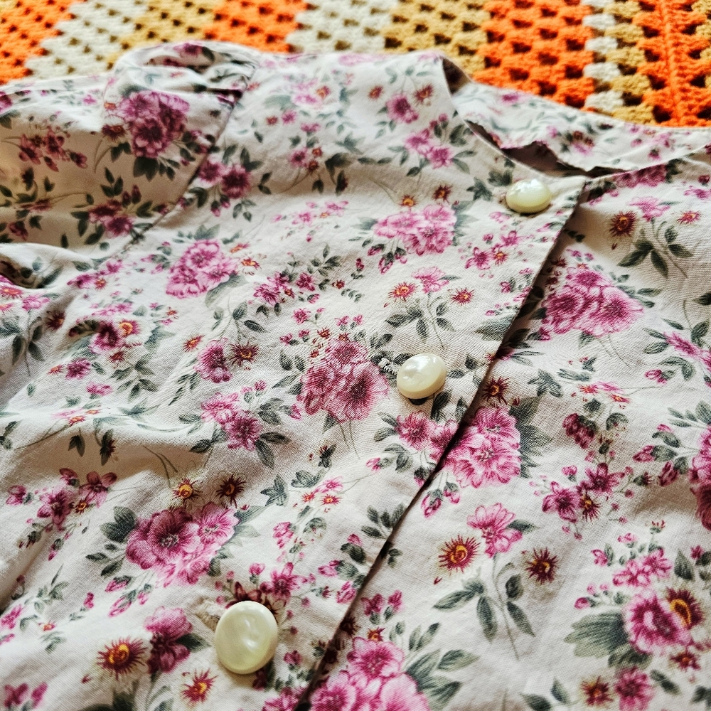 80s Floral Pink Green Cotton Midi Tea Dress With Matching Belt Handmade Vintage - Picture 5 of 10